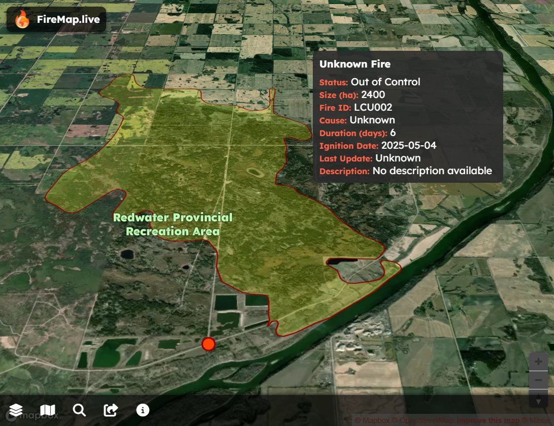disaster_db's tweet image. Wildfire north of Edmonton remains a threat: 56 homes evacuated near #Redwater Provincial Recreation Area, per Sturgeon County Fire Chief Chad Moore. Perimeter mapping live on FireMap; crews tightening control but “not out of the woods yet.”