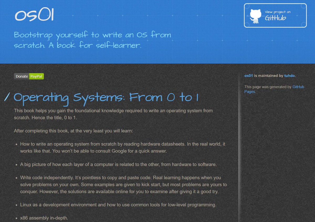 Here's Operating Systems: From 0 to 1! One of the best resources you can use to start your low-level learning, this book shows you how to make an OS from scratch. Mostly uses C, with some Assembly sprinkled in. Can't go wrong, enjoy!