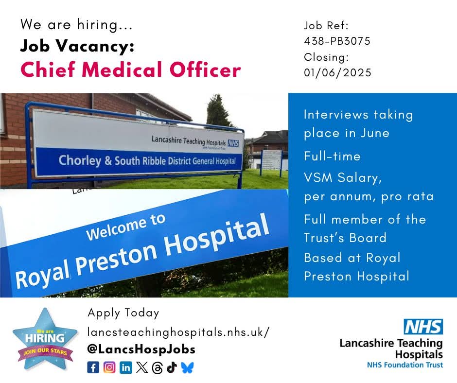 Stefanie Johnson LTHTR (@stefanielth) on Twitter photo We are looking for our new Chief Medical Officer!
We've got a dedicated microsite all about the role, the Trust, the place and our people 👇
lancsteachinghospitals.nhs.uk/chief-medical-…
<a href="/GerrySkailes/">Gerry Skailes</a>
<a href="/LancsHospitals/">Chorley & Royal Preston</a> We are looking for our new Chief Medical Officer!
We've got a dedicated microsite all about the role, the Trust, the place and our people 👇
lancsteachinghospitals.nhs.uk/chief-medical-…
<a href="/GerrySkailes/">Gerry Skailes</a>
<a href="/LancsHospitals/">Chorley & Royal Preston</a>