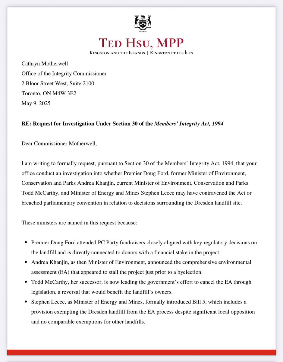 CharliePinkerto's tweet photo. Anddd Liberal MPP Ted Hsu has written Ontario’s Integrity Commissioner asking her to investigate Premier Doug Ford &amp; multiple ministers over the government’s proposal to exempt the Dresden dump from an environmental assessment. 

He cites a lot reported by @Thetrilliumca today. https://t.co/iuwWNHEhrG