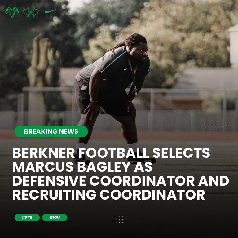 Coach Marcus Bagley (@only1marcusbag) on Twitter photo Beyond excited to announce that I’ll be the next Defensive Coordinator and Recruiting Coordinator at Berkner HS‼️‼️
<a href="/BERKNERFOOTBALL/">BERKNER FOOTBALL</a> <a href="/RamsRecruiting/">Berkner Football Recruiting</a>
I’m ready to get to work💯💯
LET’S GO RAMS 🐏 ‼️‼️
#ChargingRams #TheHerd
#ProtectTheBrand #RISDBeTheOne Beyond excited to announce that I’ll be the next Defensive Coordinator and Recruiting Coordinator at Berkner HS‼️‼️
<a href="/BERKNERFOOTBALL/">BERKNER FOOTBALL</a> <a href="/RamsRecruiting/">Berkner Football Recruiting</a>
I’m ready to get to work💯💯
LET’S GO RAMS 🐏 ‼️‼️
#ChargingRams #TheHerd
#ProtectTheBrand #RISDBeTheOne