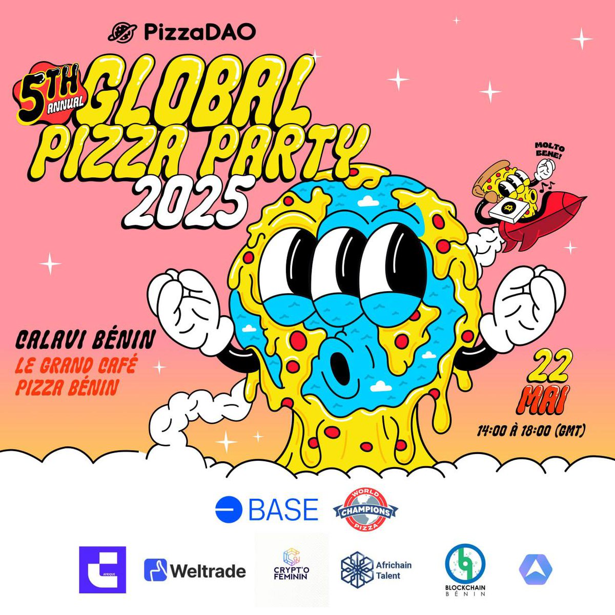 BlockchainBENIN's tweet image. 🍕Tu veux vivre un moment Web3 unique autour d’une pizza ?
Lis bien.

📍Le 22 mai, rendez-vous à Calavi (Bénin) pour la Global Pizza Party 2025.
Un événement mondial powered by @Pizza_DAO.
Et cette année, @BlockchainBENIN est dans le game.

#Pizzaparty #PizzaDao