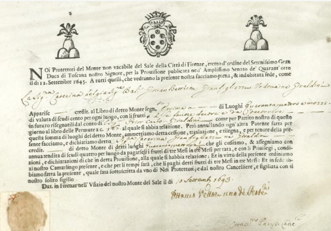 1693 Italian Monte Loan. This Italian bank bond presents a very early document in the form of an interest bearing loan. Of great importance, this bond concerns financing by the Medici family of Florence. bit.ly/3RWhyNW  #ICF_FinancialHistoryFriday