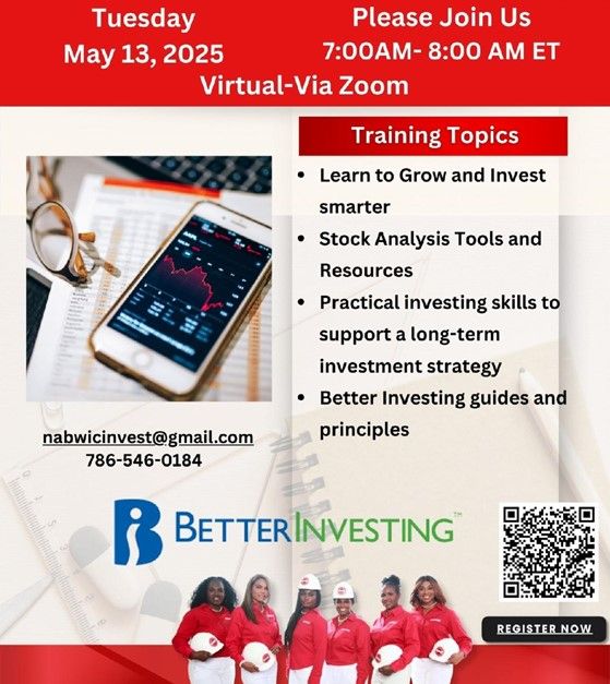 Join the NABWIC Investment Club to learn, grow &amp; invest smarter. 
NABWIC Investment Club Training Tickets, Tue, May 13, 2025 at 7:00 AM | Eventbrite eventbrite.com/e/nabwic-inves…