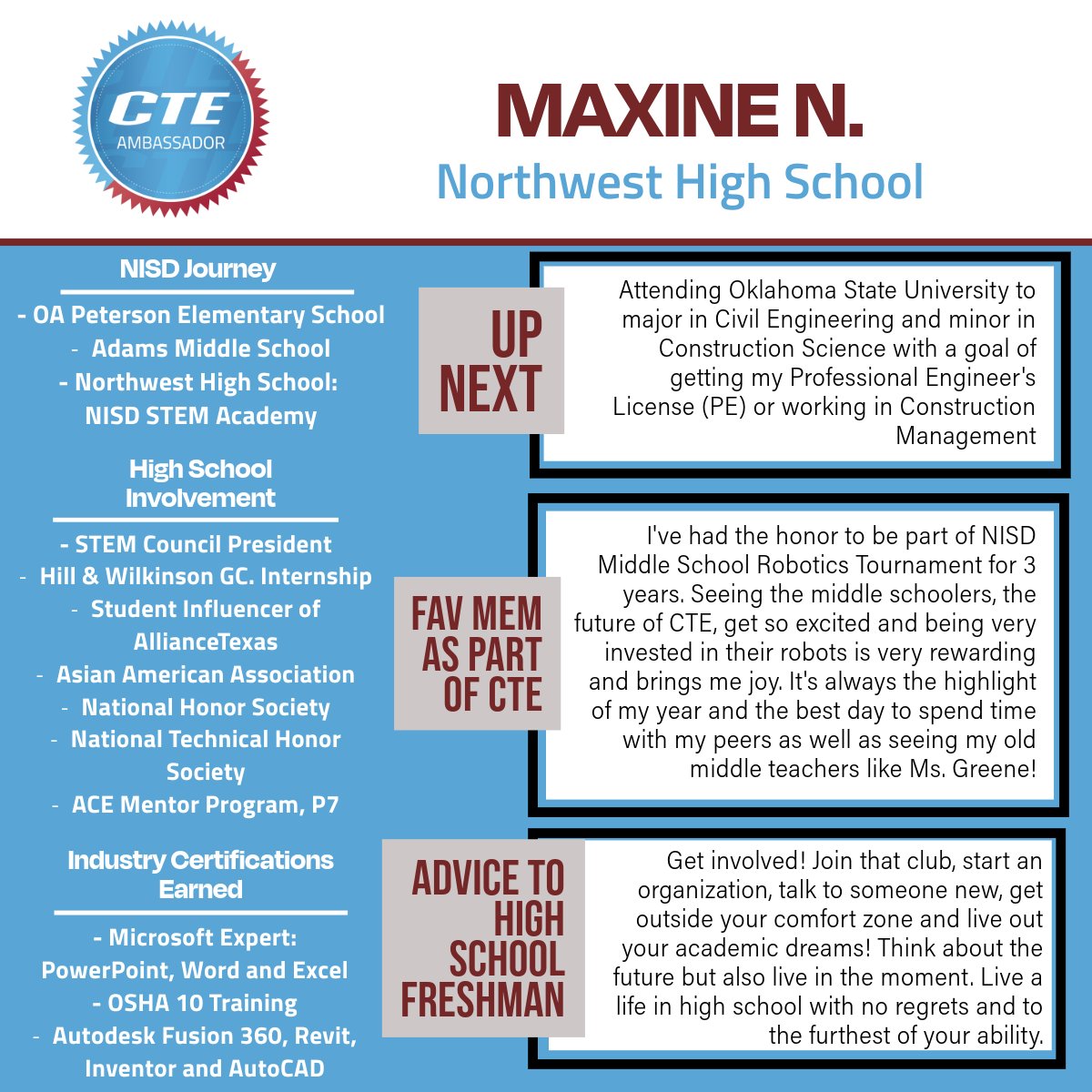 NISD CTE (@nisdcte) on Twitter photo 🎓Congrats to Class of '25 NISD CTE Ambassador MAXINE N. | STEM Academy <a href="/NHSTexans/">Northwest High School</a> 🍎Maxine would like to recognize CTE teachers Kim Garrett, Tabatha Williamson + Jen Martin for their support and strengthening her throughout her high school journey. Read more about Maxine⬇️ 🎓Congrats to Class of '25 NISD CTE Ambassador MAXINE N. | STEM Academy <a href="/NHSTexans/">Northwest High School</a> 🍎Maxine would like to recognize CTE teachers Kim Garrett, Tabatha Williamson + Jen Martin for their support and strengthening her throughout her high school journey. Read more about Maxine⬇️
