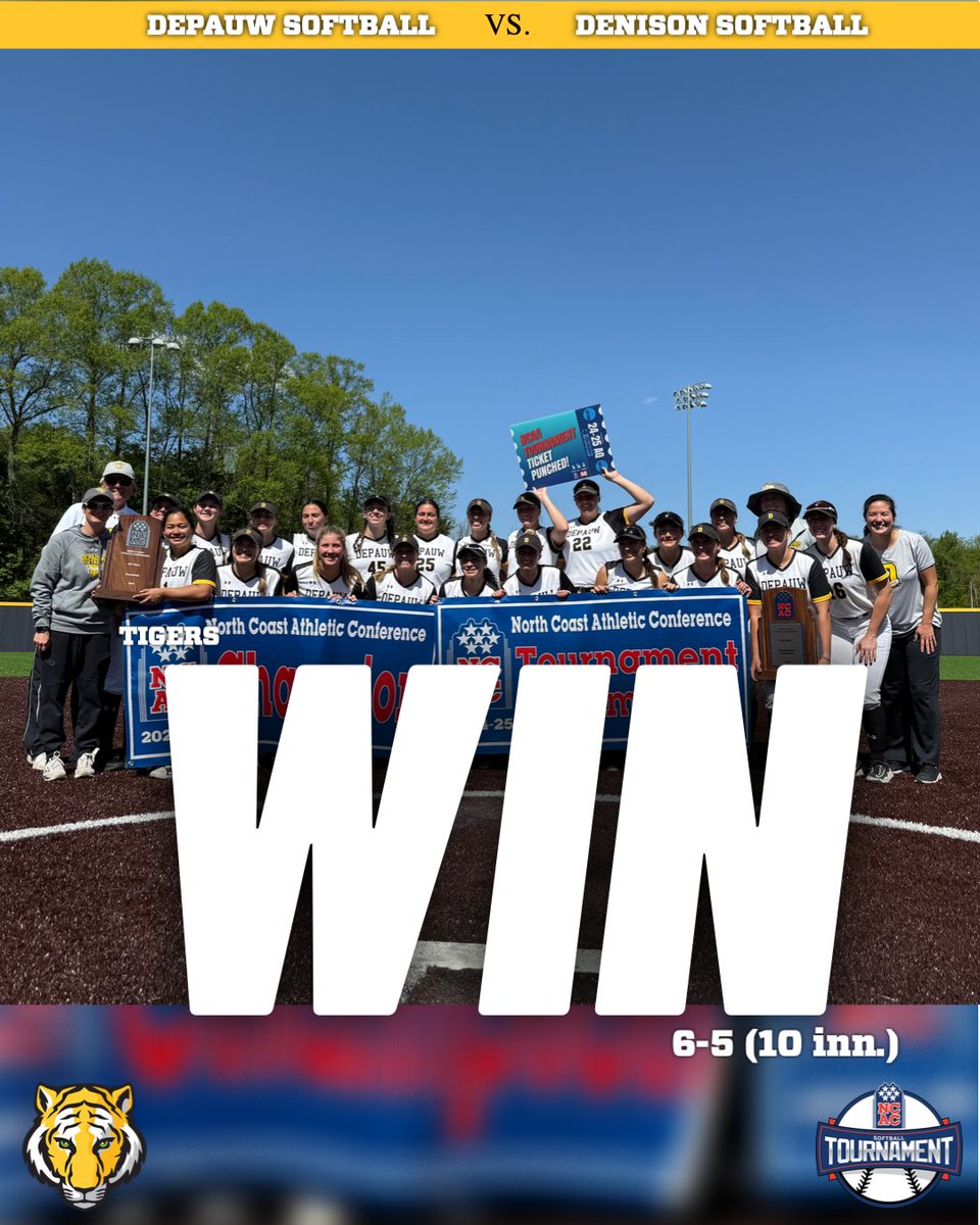 The <a href="/depauwsoftball/">DePauw Softball</a> are conference tournament champions for the second year in a row! They defeated Denison 6-5 in 10 innings to claim the title and punch their ticket to the NCAA Tournament. #TeamDePauw #d3sb
