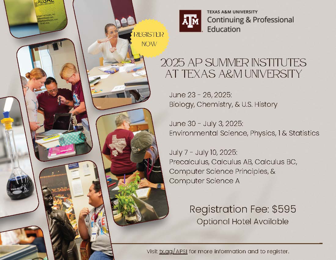 📢 Calling AP Instructors! Now is the time to register for #APSummerInstitutes ➡️ tx.ag/APSI #APBio #APChem #APUSH #APPhysics #APEnviromentalScience #APStats #APCalc #APCompSci