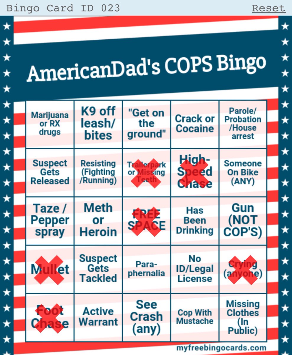 TONIGHT at 10 PM EST
Drunk COPS Bingo.

Watching Classic episodes of COPS, but also playing Bingo. 

Everyone can play on different cards. 

See you there.
Twitch: AmericanDad