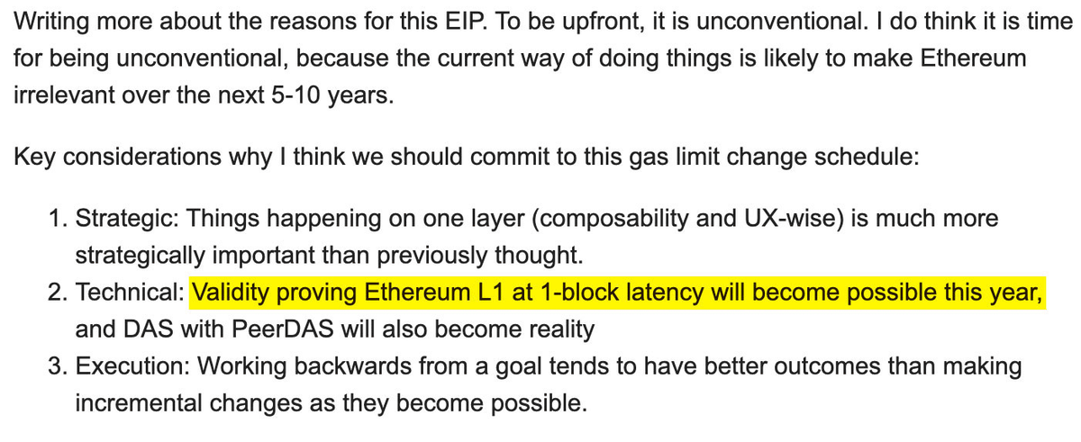 crashout (@0xcrashout) on Twitter photo "Validity proving Ethereum L1 at 1-block latency will become possible this year"
It's easy to miss this comment in <a href="/dankrad/">Dankrad Feist</a>'s EIP-7938 proposal if you're not paying attention.
Let's break down how ZK is a key unblocker for scaling Ethereum by 100x to 1000x.
👇🧵 "Validity proving Ethereum L1 at 1-block latency will become possible this year"
It's easy to miss this comment in <a href="/dankrad/">Dankrad Feist</a>'s EIP-7938 proposal if you're not paying attention.
Let's break down how ZK is a key unblocker for scaling Ethereum by 100x to 1000x.
👇🧵