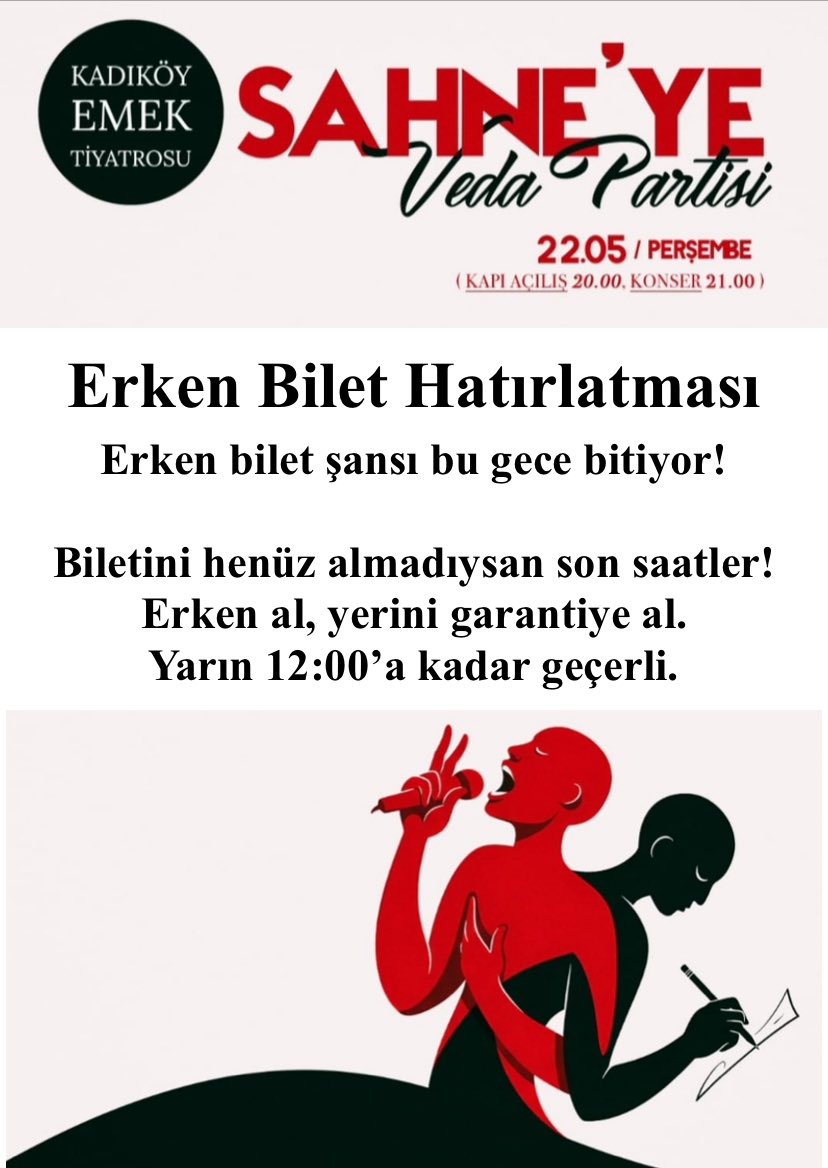 Sahneye Veda Konseri

22 Mayıs Perşembe 20:00
Yer: The Wall Saloon&amp;Performance

Biletler: tiyatrolar.com