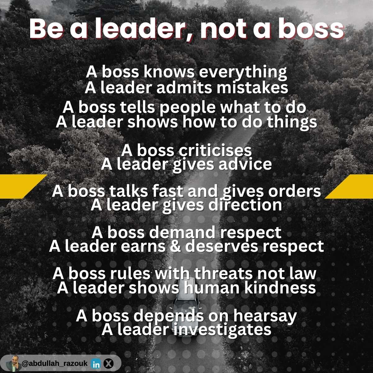 abdullah_razouk's tweet photo. A boss tells you what to do.
A leader shows you how it’s done.
A boss demands respect.
A leader earns it.
Be the kind of leader people want to follow, not fear.
#Leadership #Teamwork #BossVsLeader #GrowthMindset https://t.co/ypOfEm1CQm
