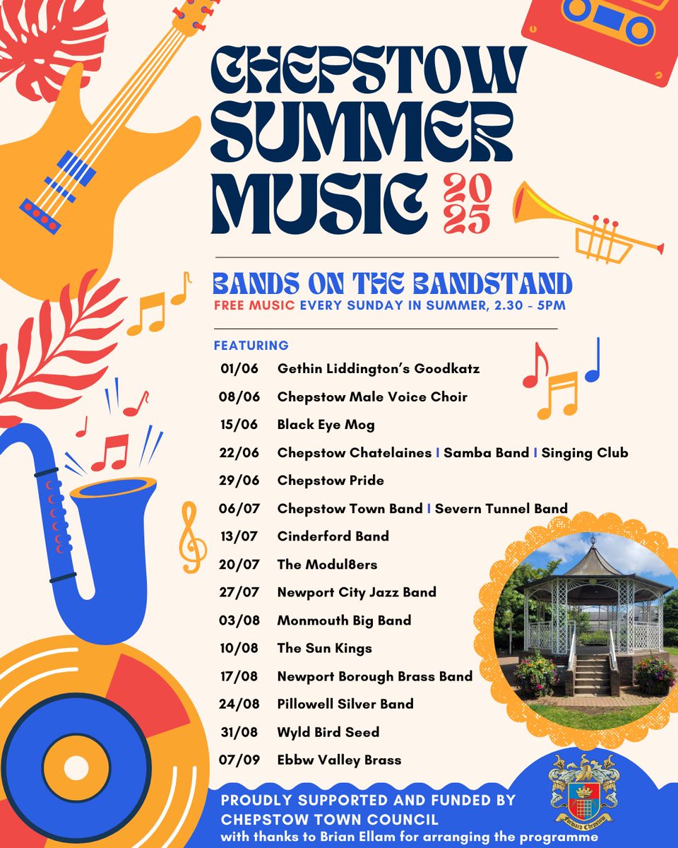 ChepstowTC's tweet image. 🎶☀️ Bands on the Bandstand is back! ☀️🎶
Join in every Sunday from 2:30pm–5:00pm by the Riverbank in Chepstow for free live music in a stunning setting. Bring a picnic, grab a deck chair, maybe pack a flask, and soak up the sounds of summer with great music and even better views