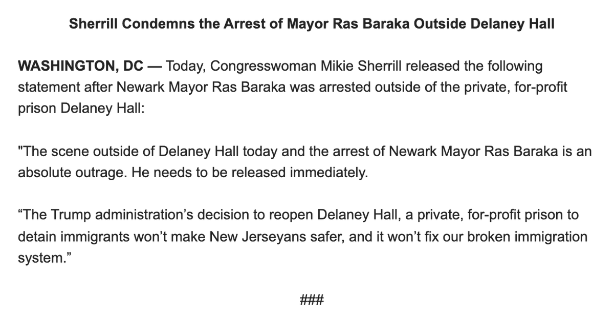AndrewSolender's tweet photo. @axios Rep. Mikie Sherrill, one of Baraka's opponents in the Democratic primary for New Jersey governor, calls his arrest an "absolute outrage" and says he "needs to be released immediately." https://t.co/EsFvU3M2ug