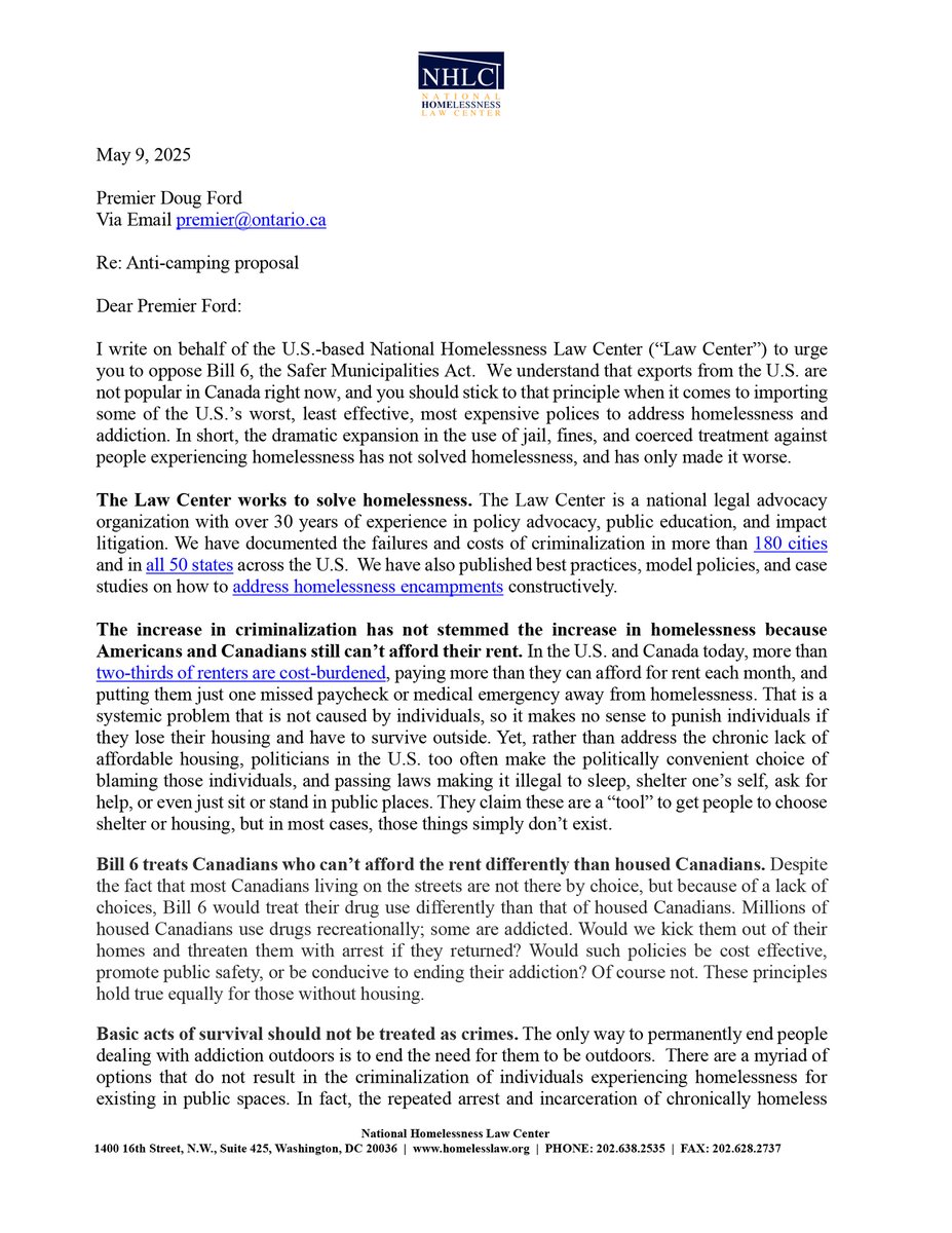 DianaCMcNally's tweet photo. Thank you to the National @homeless_law Center in D.C. for this letter to @fordnation re: Bill 6, which criminalizes encampment residents. The U.S. has seen how policies that criminalize homeless people fail to address encampments or community safety. Bill 6 must be rescinded. https://t.co/5zNBudsZ53