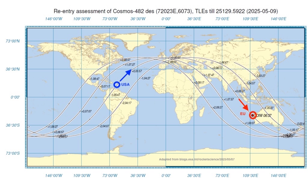 EARLY TOMORROW MORNING: check out the potential landing areas of Kosmos 482 (only on orbit paths). The current US (blue) and EU (red) predictions have a lot of inhabited territory in between. London gets two chances! <a href="/RiceSpace/">Rice Space Institute</a> <a href="/RicePhysAstro/">Rice Physics and Astronomy</a>