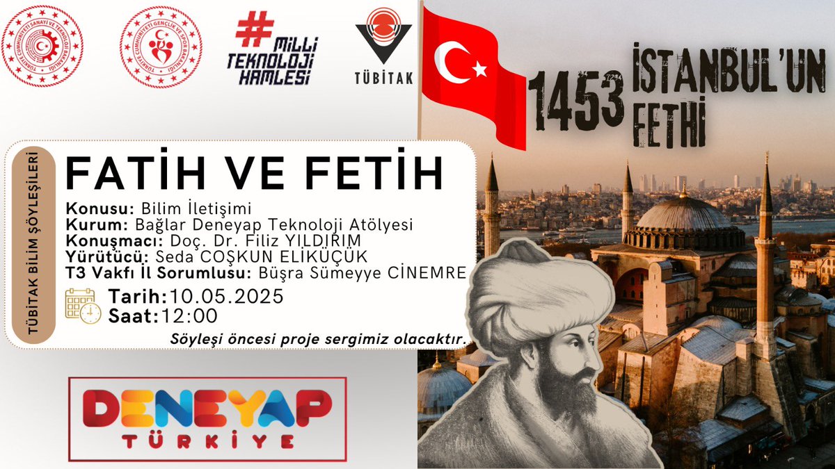 🎉Bağlar <a href="/DeneyapTurkiye/">DENEYAP Türkiye</a> olarak bir ilk daha gerçekleştiriyoruz. <a href="/Tubitak/">TÜBİTAK</a> Bilim Söyleşisi kapsamında söyleşimiz ile son faz öğrencilerimize ait proje sergimiz gerçekleşecektir. 👩‍💻🧑‍💻
#MilliTeknolojiHamlesi🇹🇷
<a href="/dbakirvalilik/">T.C. Diyarbakır Valiliği</a>
<a href="/BaglarKaymakam/">Bağlar Kaymakamlığı</a> 
<a href="/GSB_Diyarbakir/">Diyarbakır Gençlik ve Spor İl Müdürlüğü</a>
<a href="/Selcuk/">Selçuk Bayraktar</a>
<a href="/T3Vakfi/">TR Teknoloji Takımı</a>
<a href="/MSaymaz/">Muhammet SAYMAZ</a>