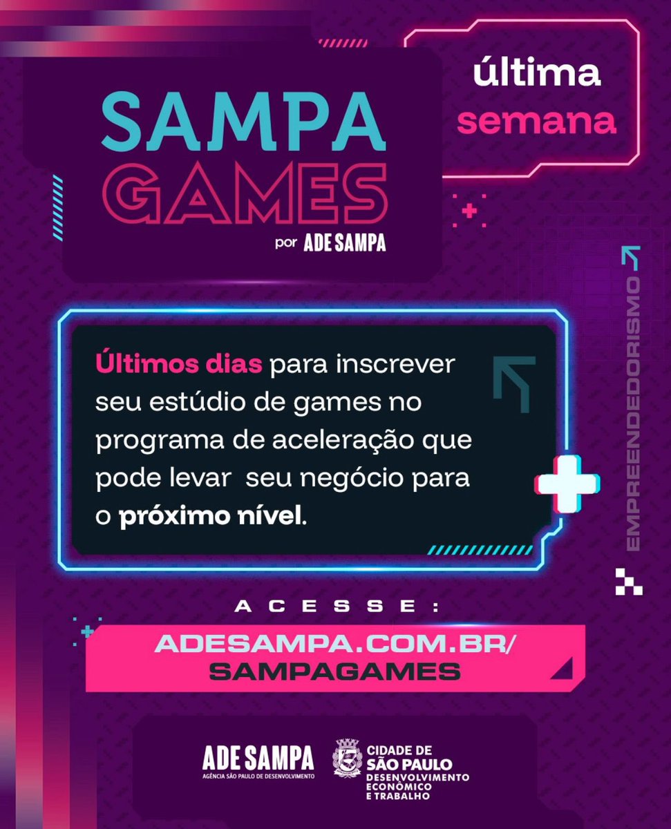 🎮 Últimos dias para se inscrever no Sampa Games: até 14 de maio, às 11h59.

Se você tem um estúdio de games com tecnologia no DNA, essa é a chance de acelerar seu negócio com:

🔗 Leia o edital e inscreva-se: adesampa.com.br/sampagames