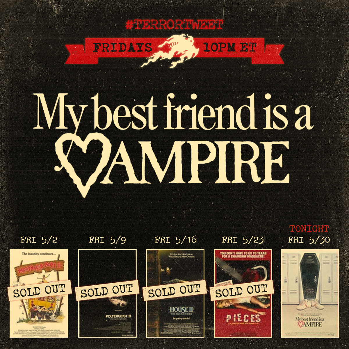 🎉 Tonight's #terrortweet is MY BEST FRIEND IS A VAMPIRE! Find your copy and watch it with us! Hit play at 10pm ET tonight (Friday 5/30) &amp; join the conversation on DISCORD 👉🔗 discord.com/invite/dV2MTwy…