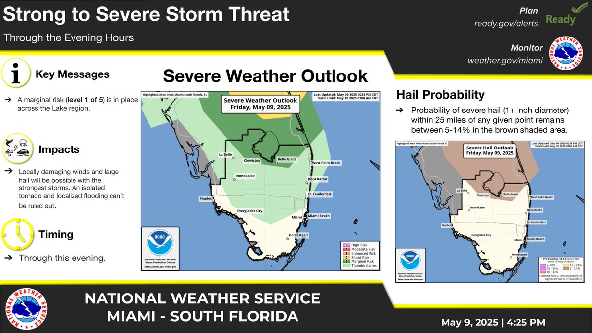 May 9 @ 4:30 PM - Locally damaging winds and large hail will be possible with the strongest storms through this evening with a focus around Lake Okeechobee. An isolated tornado and localized flooding can’t be ruled out. #FLwx
