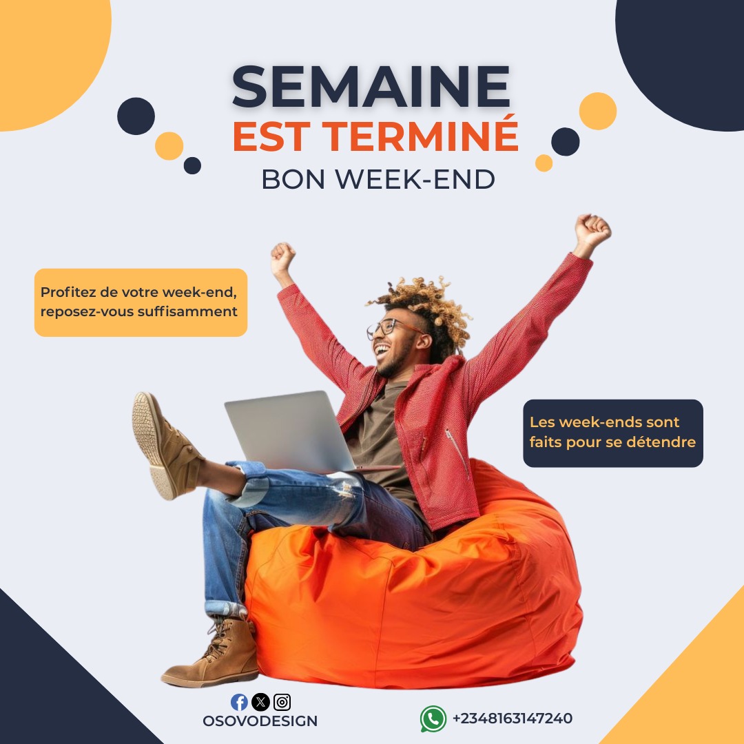osovodesign's tweet photo. Enjoy your Weekend cos na who dey alive dey work next week.
I made this beautiful masterpiece which I designed in English and French. The colors & fonts are eye-catching right. How are you spending ur weekend, comment. #FridayFeeling #WeekendVibes #Trending #GraphicDesign https://t.co/zaFrlPeyBK