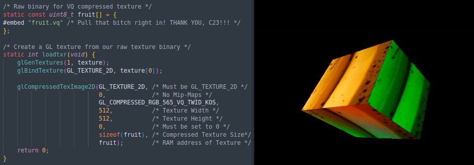 falco_girgis's tweet image. MOTHER OF GOD!!! C23's #embed is finally here with GCC15.1.0, and I can FINALLY use it on the Sega Dreamcast!??!! Thank you, @__phantomderp, I can now die happily!!!