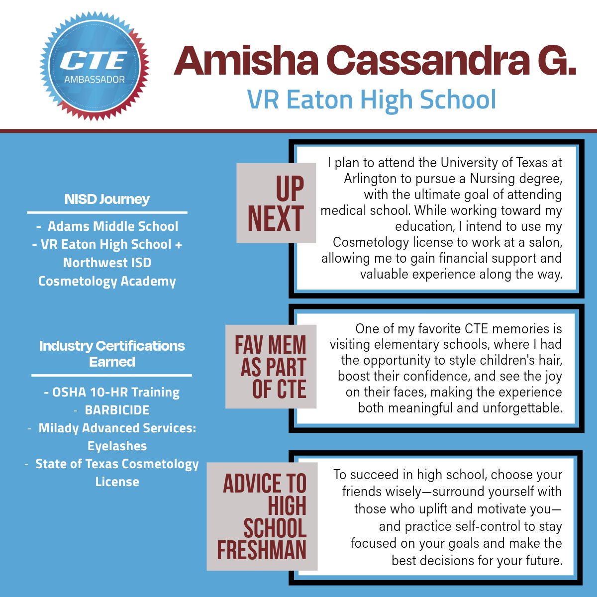 NISD CTE (@nisdcte) on Twitter photo 🎓Congrats to Class of '25 NISD CTE Ambassador AMISHA CASSANDRA G. | <a href="/NISDCosmetology/">NISDCosmetology</a> + <a href="/EatonHighSchool/">Eaton Eagles</a> 🍎Amisha would like to recognize CTE Academy teachers Heather Fowler + Gabriella Lochridge for going above & beyond to offer guidance and support. Read about Amisha⬇️ 🎓Congrats to Class of '25 NISD CTE Ambassador AMISHA CASSANDRA G. | <a href="/NISDCosmetology/">NISDCosmetology</a> + <a href="/EatonHighSchool/">Eaton Eagles</a> 🍎Amisha would like to recognize CTE Academy teachers Heather Fowler + Gabriella Lochridge for going above & beyond to offer guidance and support. Read about Amisha⬇️