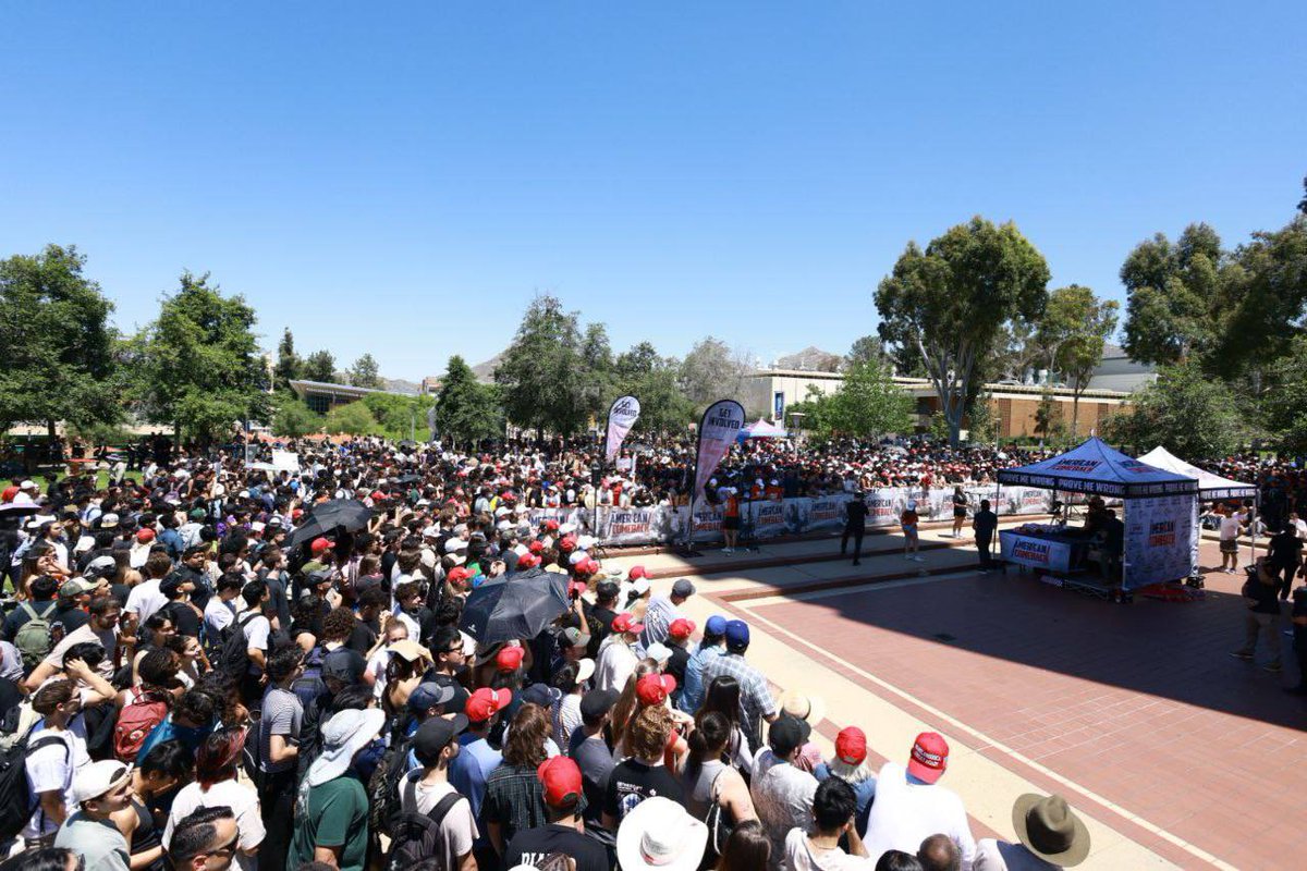 charliekirk11's tweet photo. Incredible turnout for our SPRING TOUR FINALE today at University of California Riverside. 

So proud of Turning Point USA, the students, and everyone who helped make this tour a massive success. 

There is nothing like seeing thousands of kids proudly support their country and this movement. 

ONTO THE NEXT 🇺🇸