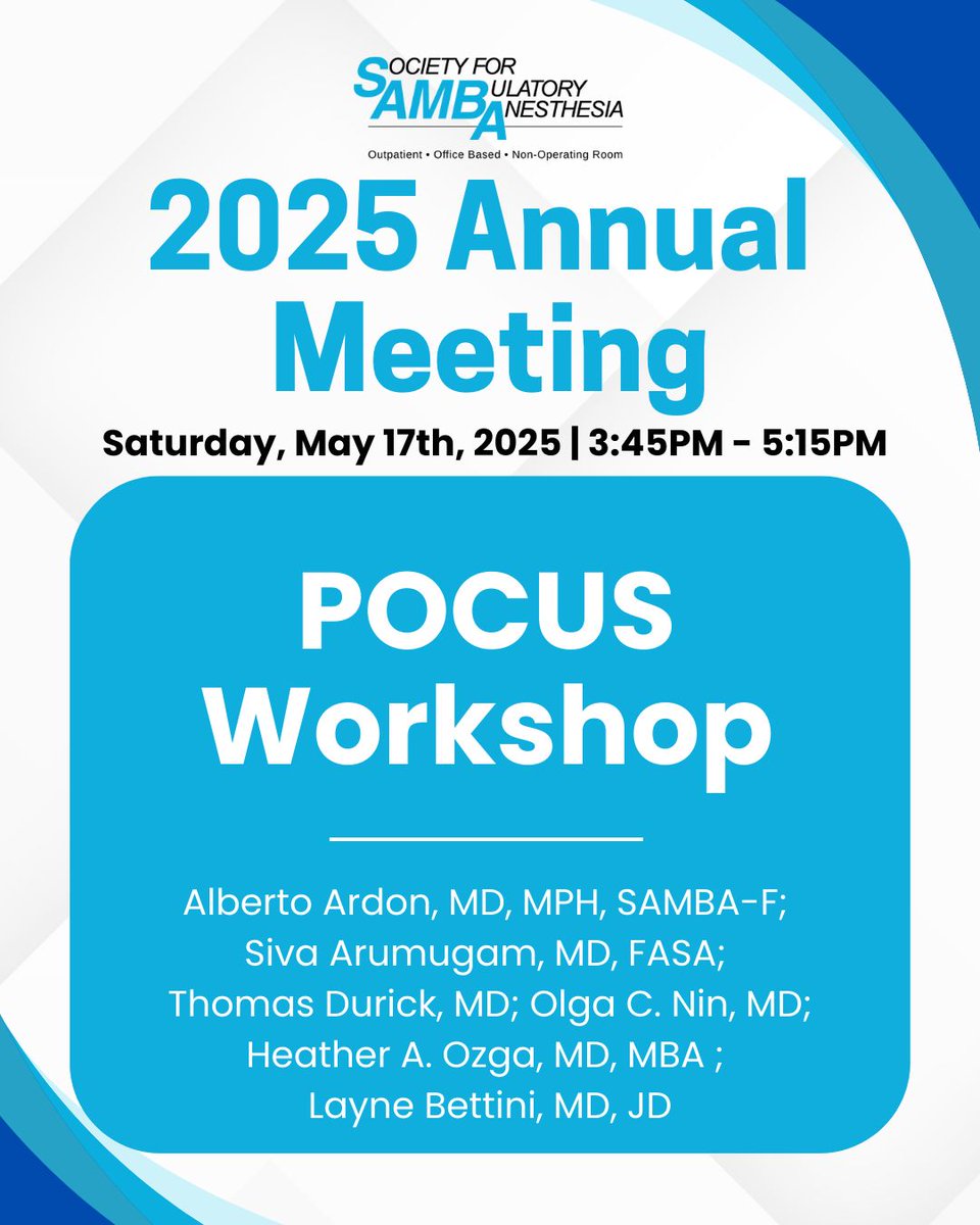Society for Ambulatory Anesthesia (SAMBA) (@sambahq) on Twitter photo ๐๐จ๐ข๐ง ๐ฎ๐ฌ ๐๐ญ ๐ญ๐ก๐ ๐๐๐๐๐ ๐๐ง๐ง๐ฎ๐๐ฅ ๐๐๐๐ญ๐ข๐ง๐ !
Come and understand the utility of POCUS in ambulatory surgery with Alberto Ardon, MD, MPH, SAMBA-F; Siva Arumugam, MD, FASA; Thomas Durick, MD; Olga C. Nin, MD; Heather A. Ozga, MD, MBA; and Layne Bettini, MD, JD ๐๐จ๐ข๐ง ๐ฎ๐ฌ ๐๐ญ ๐ญ๐ก๐ ๐๐๐๐๐ ๐๐ง๐ง๐ฎ๐๐ฅ ๐๐๐๐ญ๐ข๐ง๐ !
Come and understand the utility of POCUS in ambulatory surgery with Alberto Ardon, MD, MPH, SAMBA-F; Siva Arumugam, MD, FASA; Thomas Durick, MD; Olga C. Nin, MD; Heather A. Ozga, MD, MBA; and Layne Bettini, MD, JD