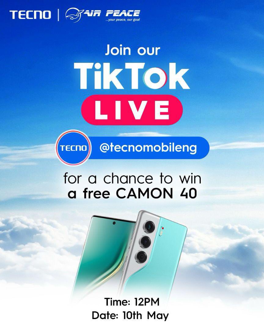 __progression's tweet photo. Don't miss out! 
Join TECNO Mobile LIVE tomorrow on TikTok at 12PM to see if you're a winner! CAMON 40 smartphones and AirPeace discounts up for grabs! #TECNOxAirPeace https://t.co/gv4yfJzDIV
