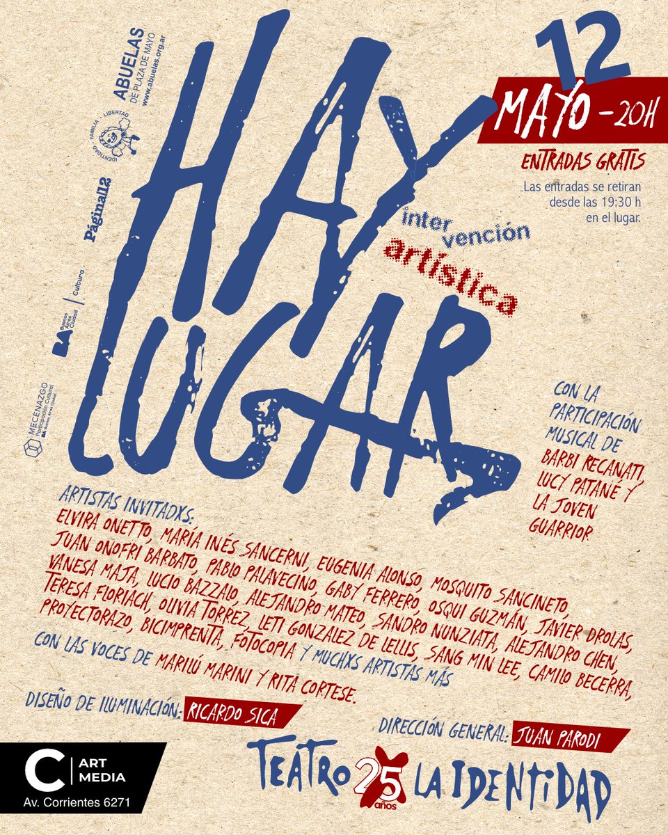 ¡ESTE LUNES 12 DE MAYO!

🎭  #HayLugar

👁 Podés mirar
🖐 Podés participar
📍 Podés elegir cómo habitar este encuentro colectivo

💥 Por única vez
🗓 Lunes 12 de mayo – 20 h
📍 Espacio C Art Media – Av. Corrientes 6271

🎟 ENTRADA GRATIS

👉🏼 Vení a descubrir que siempre #HayLugar