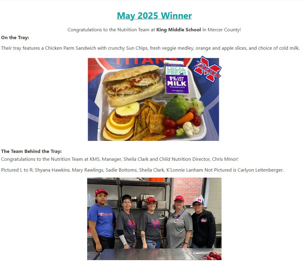 King Middle School has been awarded Tray of the Month for May from the Kentucky Department of Education! This is a remarkable achievement, marking our district's third win this year, a distinction that sets us apart as the only district in Kentucky to reach this milestone.