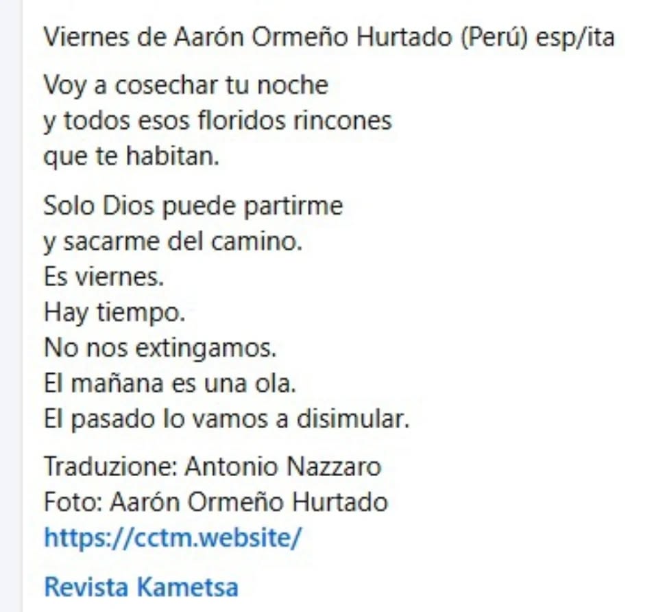 aaronormeno's tweet photo. ⚡️Mi poema "Viernes" fue traducido al italiano. Esto me causa mucha alegría.

La traducción fue realizada por el poeta italiano Antonio Nazzaro.

"Viernes" es un poema de mi libro titulado "Amor y sangre en el Callao".

Que tengan todos un bonito viernes.⚡️

#poesía https://t.co/hqvHixXhpu