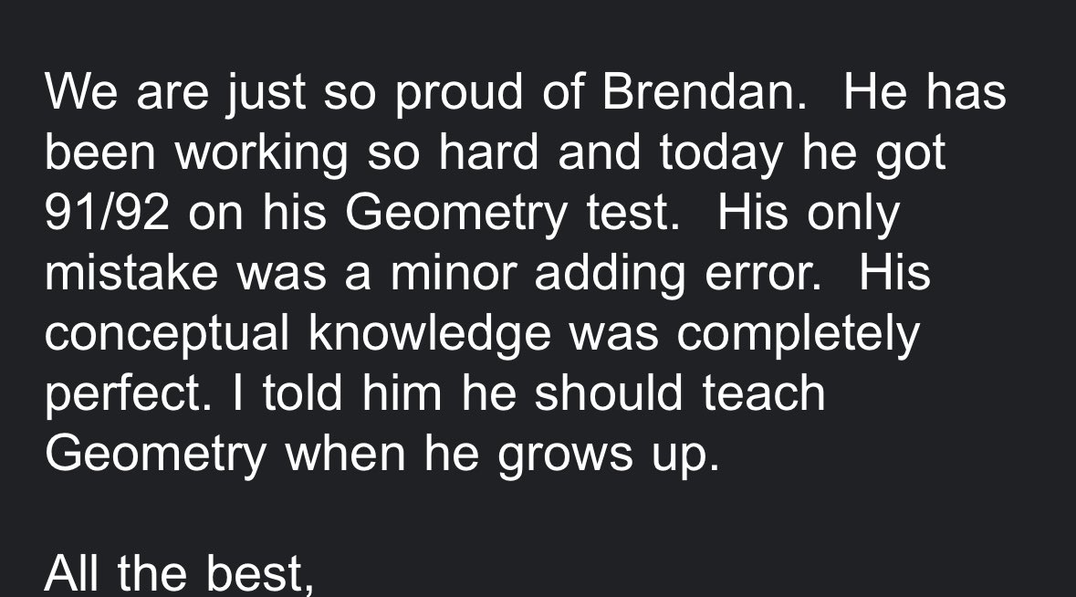 DHooverBeetFCPS's tweet image. Proud Math Dad moment when gets this email from son’s math teacher. #ProudMathDad #MathRules