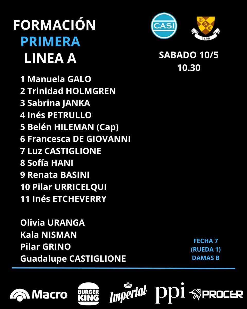 CASI_OK's tweet photo. Formaciones Primera e Intermedia líneas A y B para la fecha del sábado 10/5. #VamosCASI ⚪️⚫️⚪️ https://t.co/ziSQO66k2t