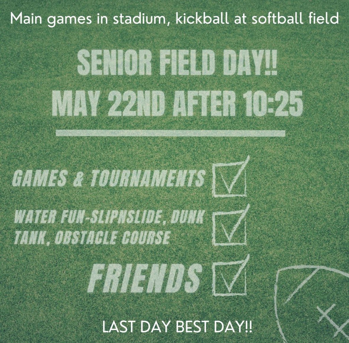 ChisholmTrailHS's tweet image. Seniors, stay up to date on all upcoming events for the last week of school!
Senior field day, senior sunset and decision day is coming up quick!
