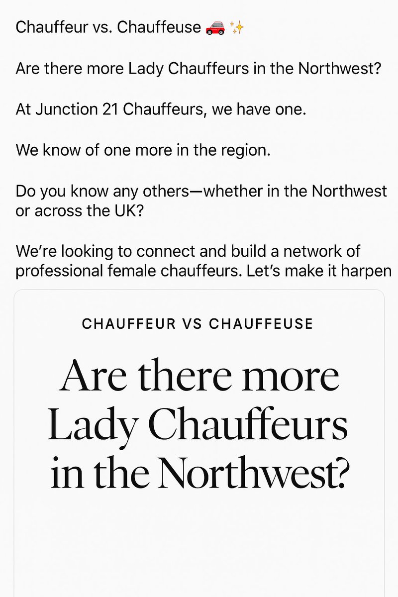 Are there more lady chauffeurs in the #NorthWest?

<a href="/UKCSFEC/">UK Chauffeur Solutions</a>