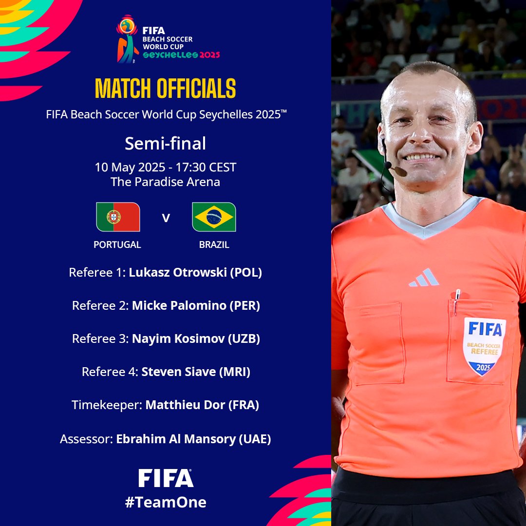 FIFAcom's tweet photo. The match officials for the #BeachSoccerWC semi-finals have been confirmed.

Catch all the action live on FIFA+! https://t.co/4rZZbxpo7J