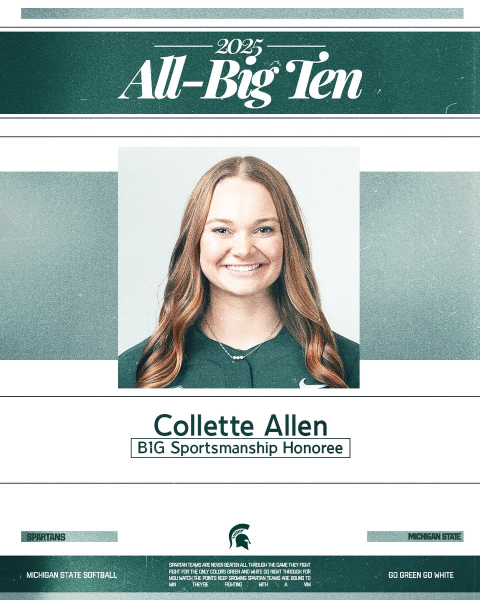 Congratulations to our Big Ten Sportsmanship honoree, Collette Allen!

Collette batted .308 this season with 11 of her 16 hits going for extra bases (5 home runs, six doubles). She posted a 1.167 OPS over her 52 at-bats!

#GoGreen | #SpartanUp