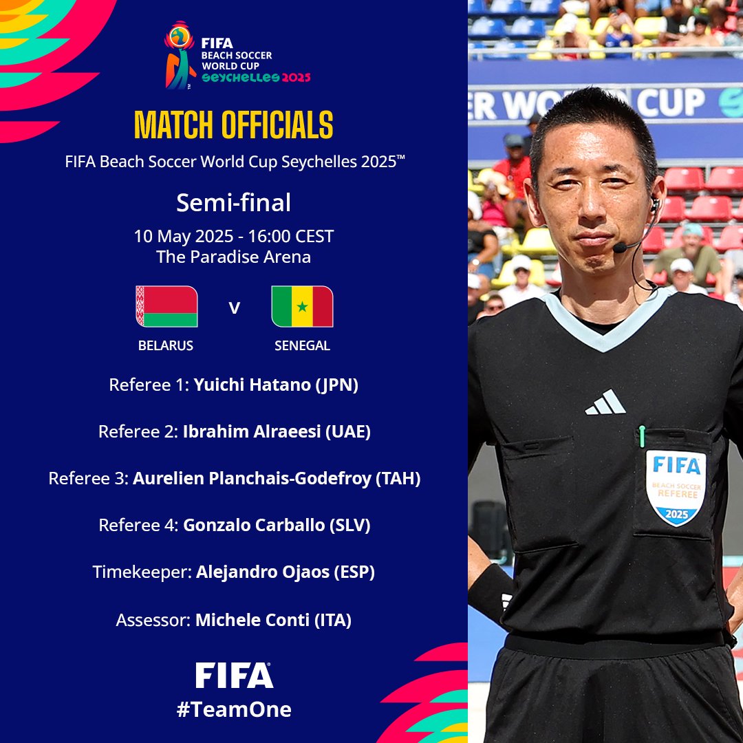 FIFAcom's tweet photo. The match officials for the #BeachSoccerWC semi-finals have been confirmed.

Catch all the action live on FIFA+! https://t.co/4rZZbxpo7J