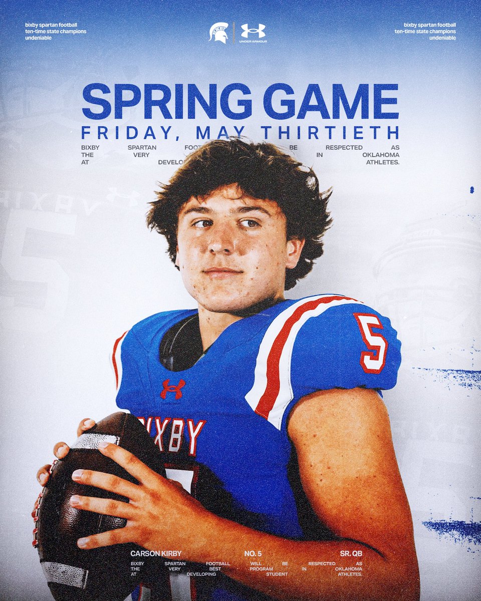 Spartan Nation, mark your calendars!

🏈 2025 Spartan Spring Game
📆 Friday, May 30th at 6 pm
📍 Lee Snider Field
🎟️ One Case of Gatorade

#BixbySpartans | #Undeniable