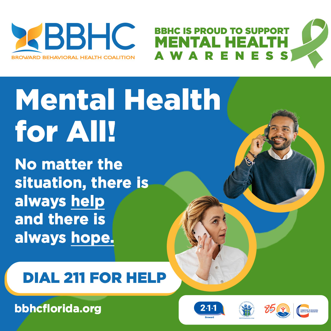 Your mental health is just as important as your physical health. During #MentalHealthAwarenessMonth, our community partner <a href="/bbhc_broward/">BBHC_BROWARD</a>, is reminding us to check in, speak up and support one another. Need help? Dial 211 today.