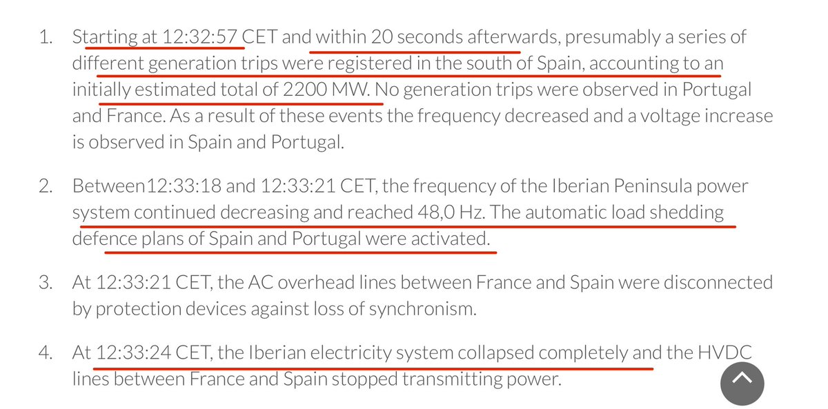 SPAIN BLACKOUT: <a href="/ENTSO_E/">ENTSO-E</a> has published the most detailed timeline yet of the April 28th blackout in the Iberian Peninsula. The initial cascade of generation trips affected 2,200 MW. 

Only 27 seconds lapsed from the first trouble to total blackout (0 GW).

entsoe.eu/news/2025/05/0…