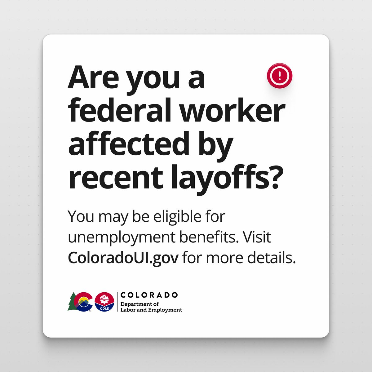 You may be eligible for unemployment benefits if you are a recently laid-off federal employee. You should file your claim promptly after your last day of work. An employer cannot prevent you from applying for benefits. Learn more: cdle.colorado.gov/unemployment/r…