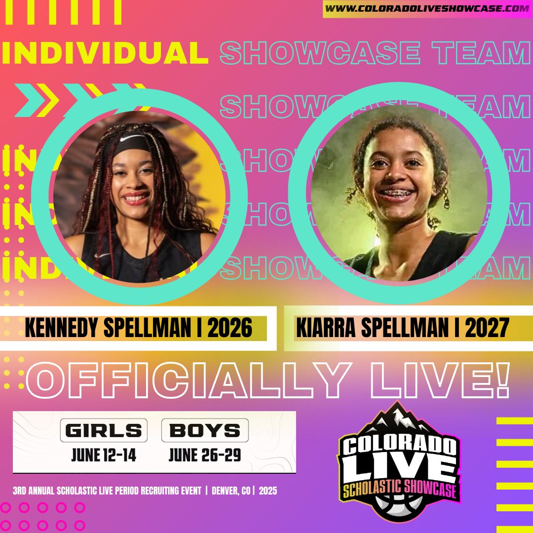 COLORADO LIVE Scholastic Showcase (@coloradolive_ss) on Twitter photo 🚨OFFICIALLY LIVE‼️🏀🏔️
Welcome to Colorado Live Girls Individual Showcase Team!!
Kennedy Spellman( 2026) | <a href="/kennedyspell/">Kennedy spellman</a> 🔥
Kiarra Spellman ( 2027) I <a href="/KiarraSpell21/">Kiarra Spellman</a> 🔥
📍 Denver, CO
📆 June 12-14th
⏳ Open Registration until Friday May 23rd
💻 ColoradoLiveShowcase.com ⬅️✅ 🚨OFFICIALLY LIVE‼️🏀🏔️
Welcome to Colorado Live Girls Individual Showcase Team!!
Kennedy Spellman( 2026) | <a href="/kennedyspell/">Kennedy spellman</a> 🔥
Kiarra Spellman ( 2027) I <a href="/KiarraSpell21/">Kiarra Spellman</a> 🔥
📍 Denver, CO
📆 June 12-14th
⏳ Open Registration until Friday May 23rd
💻 ColoradoLiveShowcase.com ⬅️✅