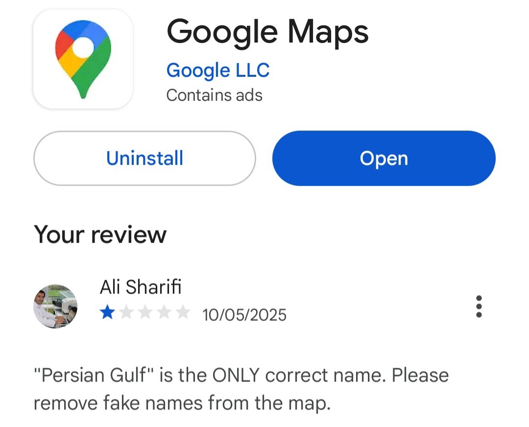 <a href="/googlemaps/">Google Maps</a> "Persian Gulf" is the ONLY correct name, please remove fake names from the map. 
#PersianGulf
#PersianGulfForever
#Persian_Gulf