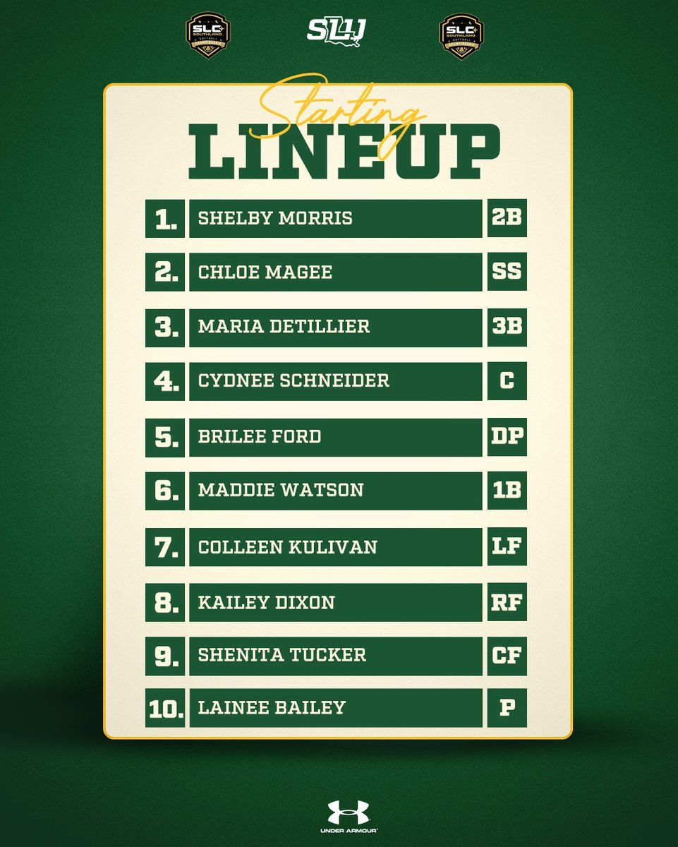 Southeastern Softball (@lionupsoftball) on Twitter photo Starting lineup for <a href="/LionUpSoftball/">Southeastern Softball</a> for Game 2 of the <a href="/SouthlandSports/">Southland Conference</a> Championship Series tonight at 6 p.m. at McNeese
📺ESPN+ | espn.com/espnplus/playe…
📊stats.statbroadcast.com/broadcast/?id=…
#LionUp Starting lineup for <a href="/LionUpSoftball/">Southeastern Softball</a> for Game 2 of the <a href="/SouthlandSports/">Southland Conference</a> Championship Series tonight at 6 p.m. at McNeese
📺ESPN+ | espn.com/espnplus/playe…
📊stats.statbroadcast.com/broadcast/?id=…
#LionUp