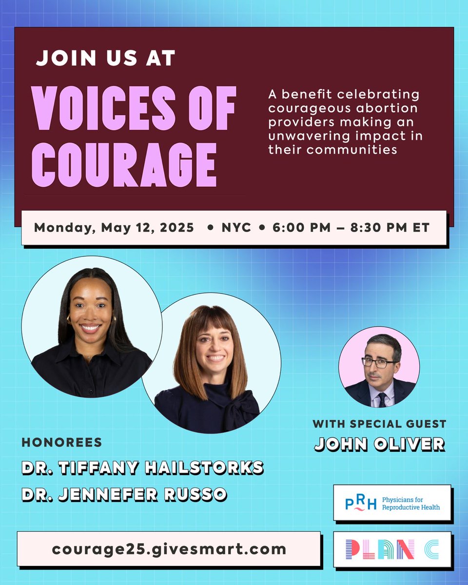 💥 Proud to sponsor <a href="/prhdocs/">@prh.org</a> #VoicesOfCourage!
Join <a href="/plancpills/">Plan C</a> on May 12 (6–8:30PM ET) for a night honoring:
💜 Dr. Tiffany Hailstorks
💜 Dr. Jennefer Russo
🌟 w/ special guest John Oliver!
🎟️ Virtual tix: courage25.givesmart.com
📍 NYC or livestreamed
