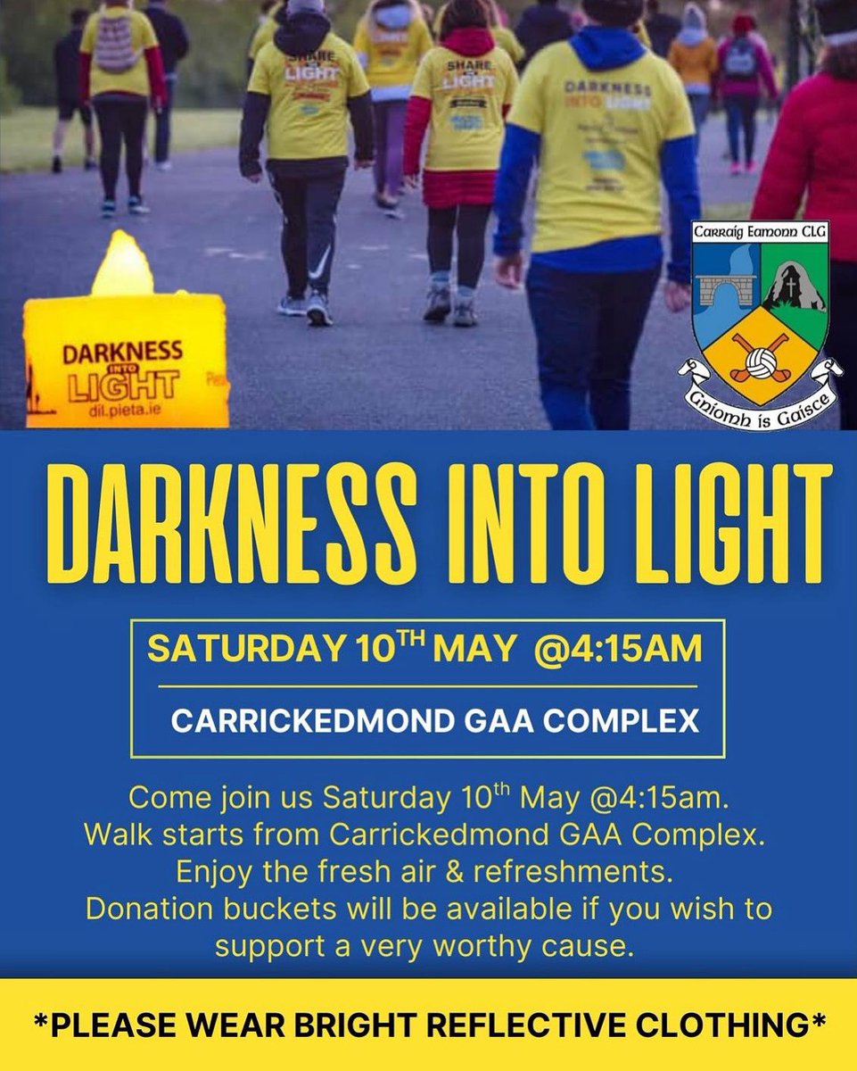 Join us in the early hours of tomorrow morning for our Darkness into Light Walk 💙

It would be great to see as many members of our community out as possible to walk together into light 💛