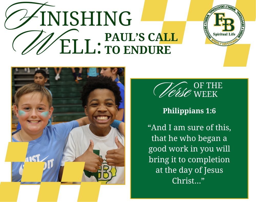 Verse of the Week: Philippians 1:6
“And I am sure of this, that he who began a good work in you will bring it to completion at the day of Jesus Christ…”
Read the full devotional on our website: bit.ly/FBCAWeeklyDevo…"