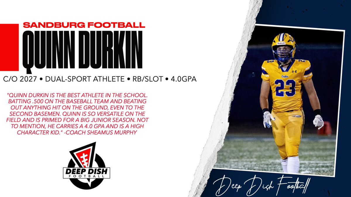 DEEP DISH FOOTBALL (@deepdishfb) on Twitter photo Catching up with C/O 27, <a href="/Quinn_Durkin10/">Quinn Durkin</a> from <a href="/SandburgEagles/">Sandburg Eagles Football</a>. Durkin is a dual-sport athlete with a 4.0 GPA. He was awarded All-Conference HM as a soph. deepdishfootball.com/single-post/cl… Catching up with C/O 27, <a href="/Quinn_Durkin10/">Quinn Durkin</a> from <a href="/SandburgEagles/">Sandburg Eagles Football</a>. Durkin is a dual-sport athlete with a 4.0 GPA. He was awarded All-Conference HM as a soph. deepdishfootball.com/single-post/cl…
